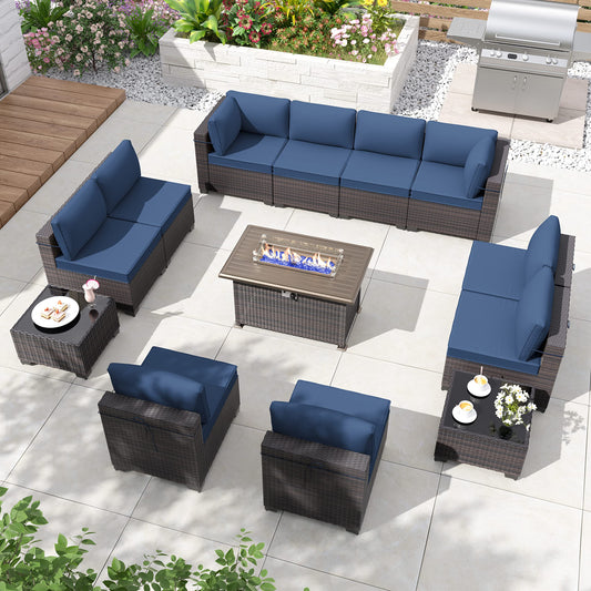 ALAULM Ensemble de meubles de patio 13 pièces avec table de foyer et canapé sectionnel d'extérieur - Bleu foncé 