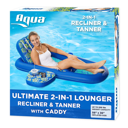Aqua Ultimate Pool Float Lounges, Recliners, Tanners – Multiple Colors/Styles – for Adults and Kids Floating 2-in-1 XL Lounge Royal/Lime Hibiscus