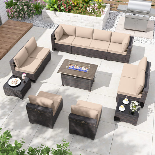 ALAULM Ensemble de meubles de patio 13 pièces avec table de foyer et canapé sectionnel d'extérieur - Sable 
