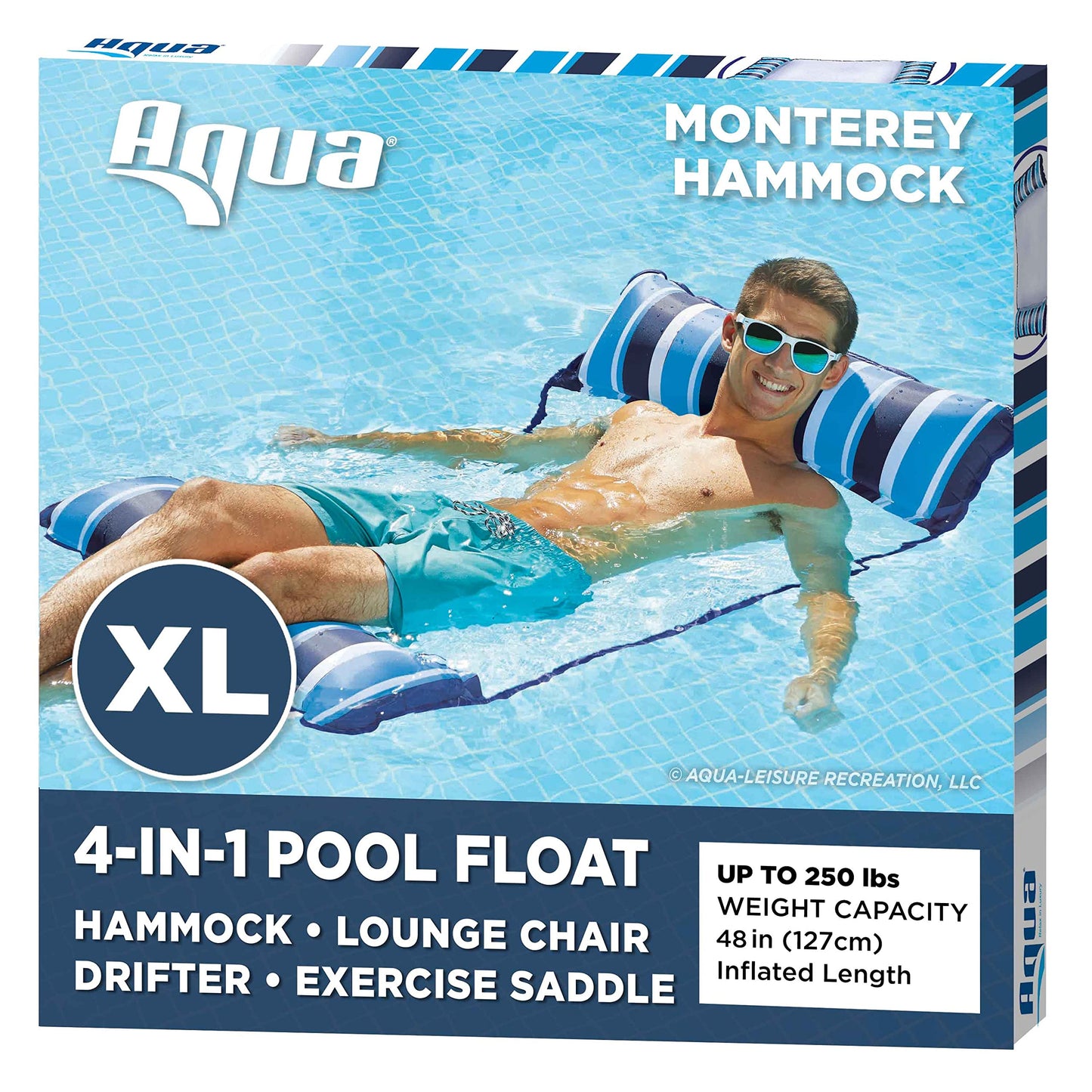 Aqua Original 4 en 1 Monterey Hammock Flotteur de piscine et hamac d'eau – Flotteurs de piscine gonflables polyvalents pour adultes – Matériau PVC épais et antiadhésif breveté Navy XL Hamac