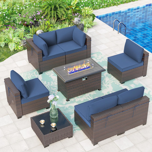 ALAULM Ensemble de meubles de patio 8 pièces avec foyer au propane, ensemble de canapés sectionnels d'extérieur - Bleu marine 