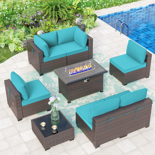 ALAULM Ensemble de meubles de patio extérieur 8 pièces avec foyer au propane, ensembles de canapés sectionnels d'extérieur (nouveau bleu) 