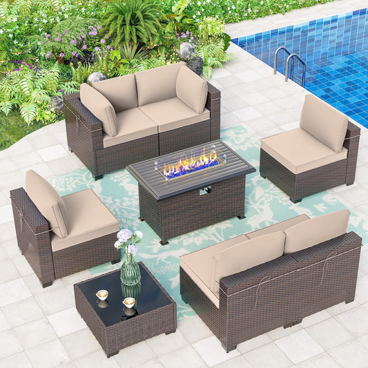 ALAULM Ensemble de meubles de patio extérieur 8 pièces avec table de foyer au propane et canapés sectionnels d'extérieur (kaki) 