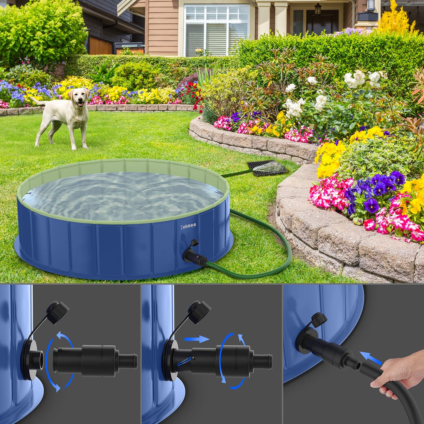 Piscine pliable pour chien par LUNAOO - Piscine portable pour enfants, piscine extérieure en PVC durable pour grands petits chiens (L - 47'' x 12'', bleu marine vert) L - 47'' x 12''