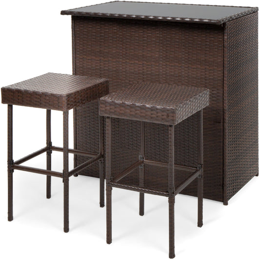 3-Piece Outdoor All-Weather Wicker Bar Table Set w/ 2 Stools