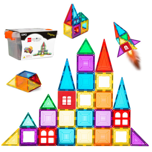 32-Piece Kids Mini Magnetic Tiles Educational STEM Toy Set w/ Carrying Case