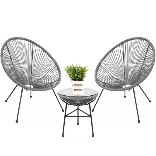 3-Piece All-Weather Patio Acapulco Bistro Set w/ Rope, Glass Top Table