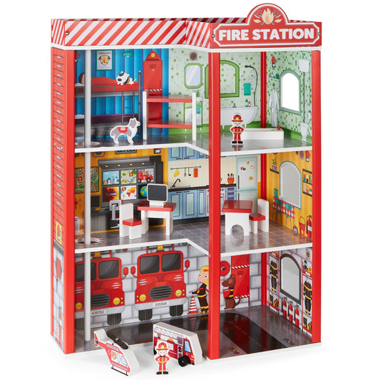 32in Kids 3-Story Pretend Fire Station Play Set w/ 2 Vehicles, Accessories