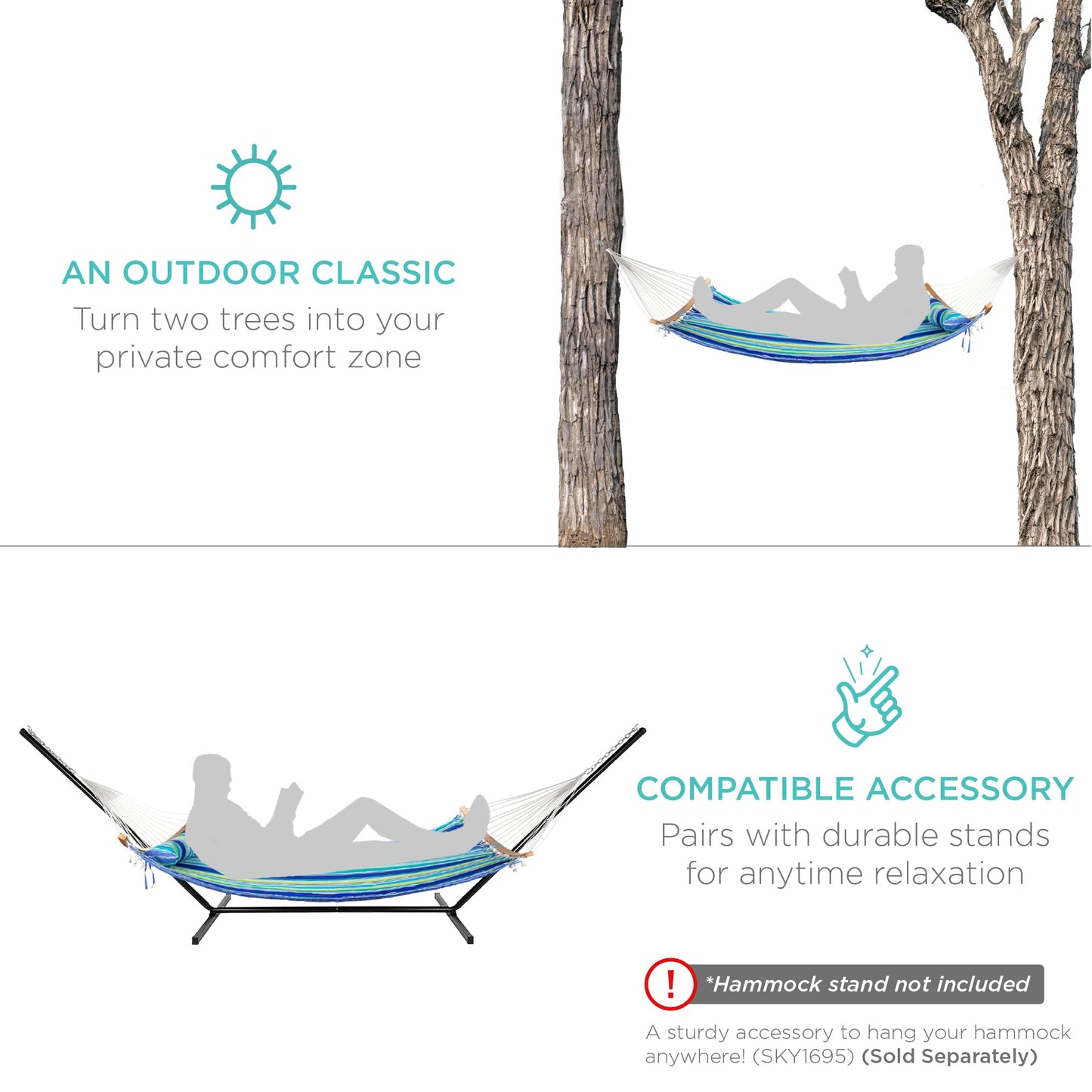 2-Person Quilted Portable Hammock w/ Curved Bamboo Spreader Bar, Carry Bag