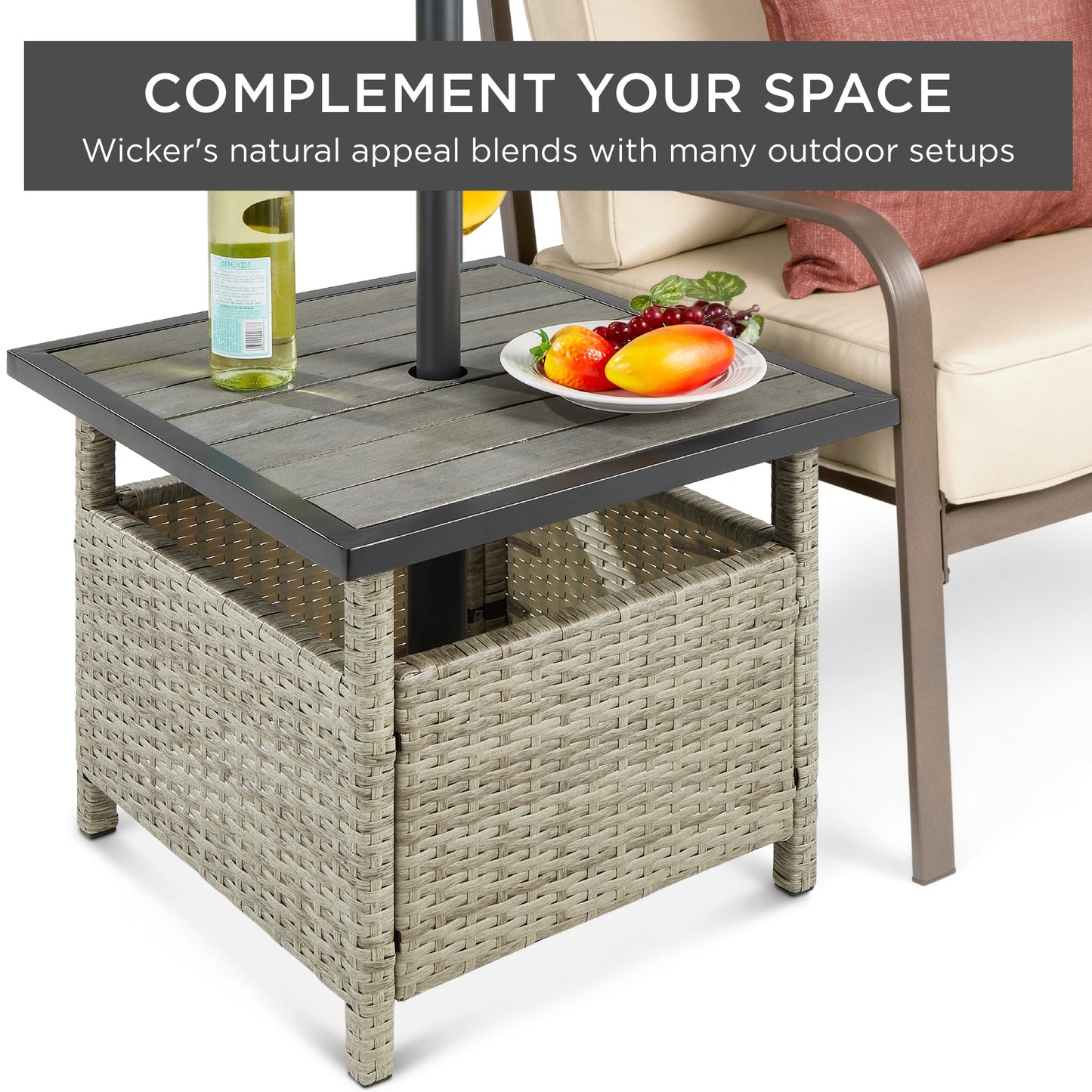 Outdoor Wicker Patio Side Table Accent Furniture w/ Umbrella Hole