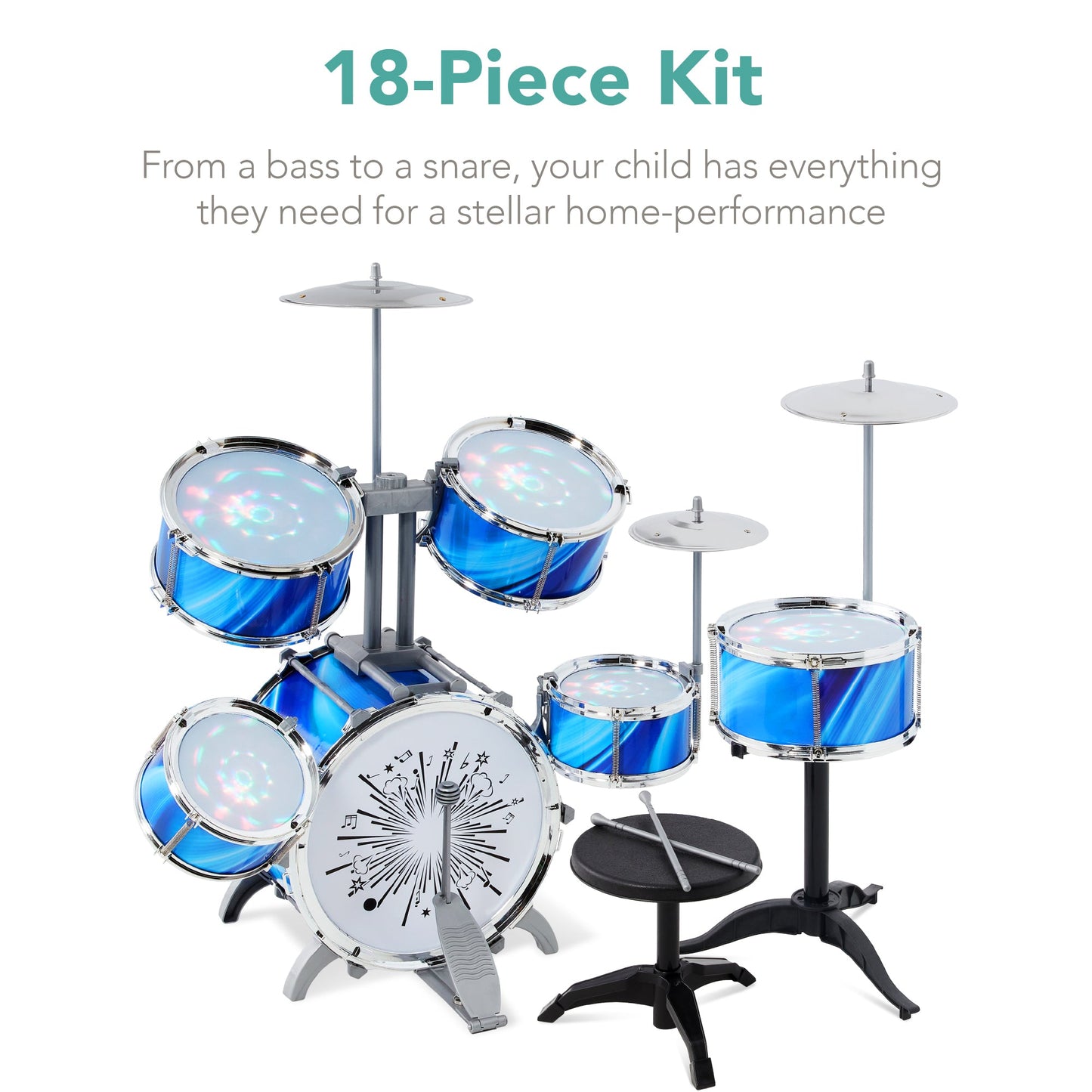 18-Piece Kids Beginner Drum Kit, Musical Instrument Toy Set w/ LED Lights