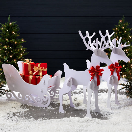 3-Piece Deer & Sleigh Silhouette Set Holiday Yard Decoration w/ Stakes - 4ft