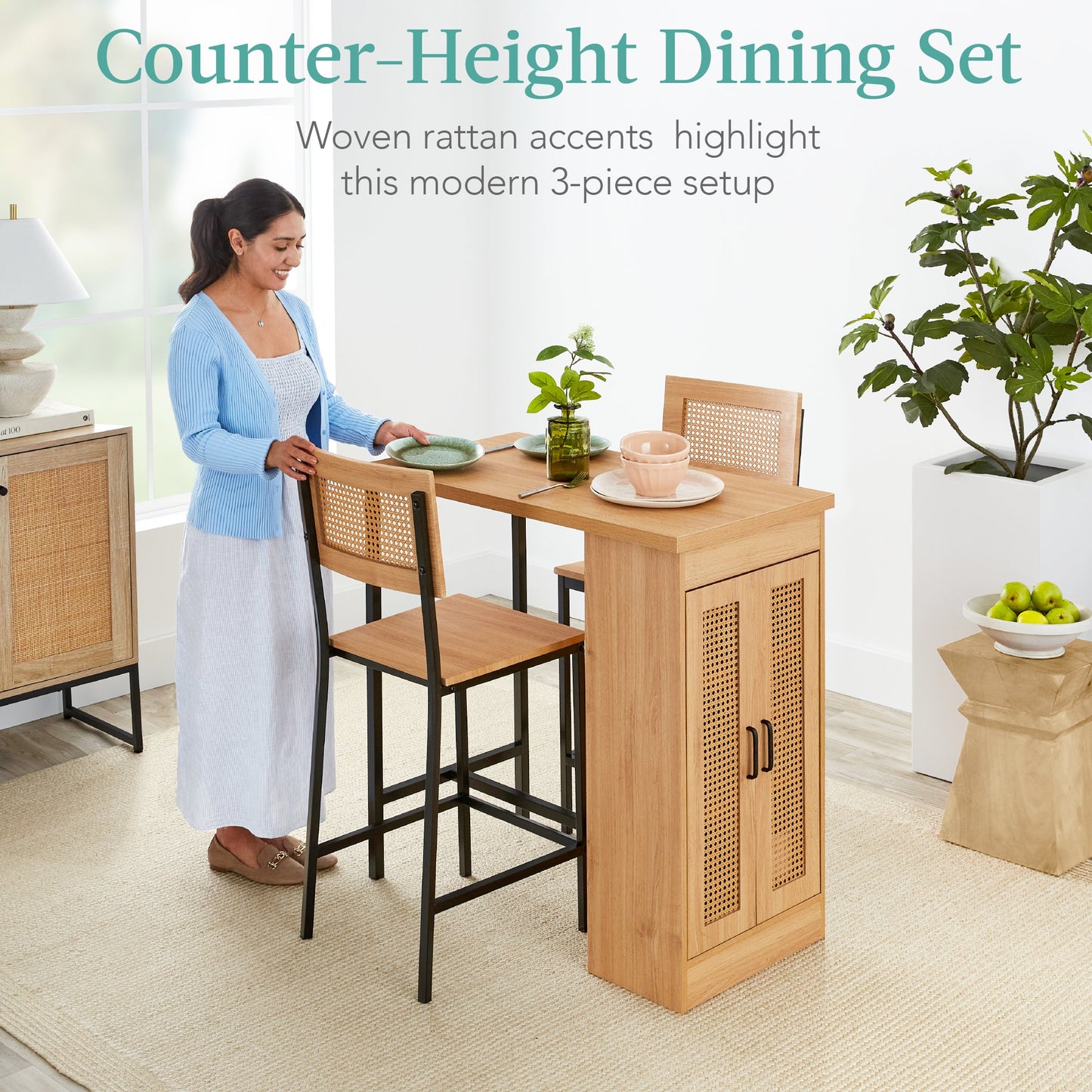 3-Piece Counter Height Rattan Kitchen Dining Table Set w/ Storage Shelves