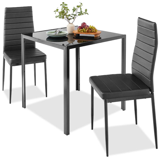 3-Piece Dining Table Set w/ Glass Top, Leather Chairs