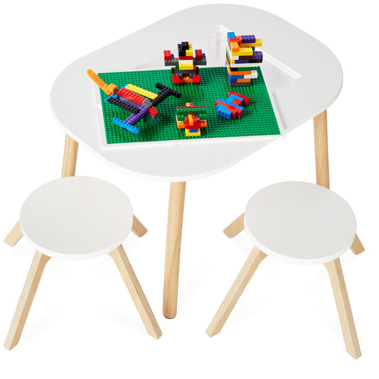 2-in-1 Kid's Building Block Table w/ 2 Stools, Storage Compartment